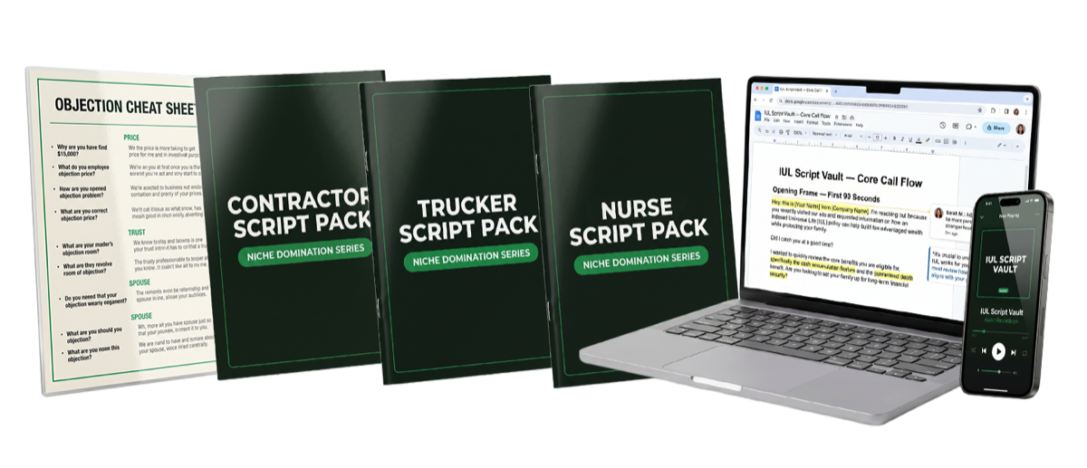 Bonus script packs fanned out — Contractor, Trucker, Nurse, Objection Cheat Sheet