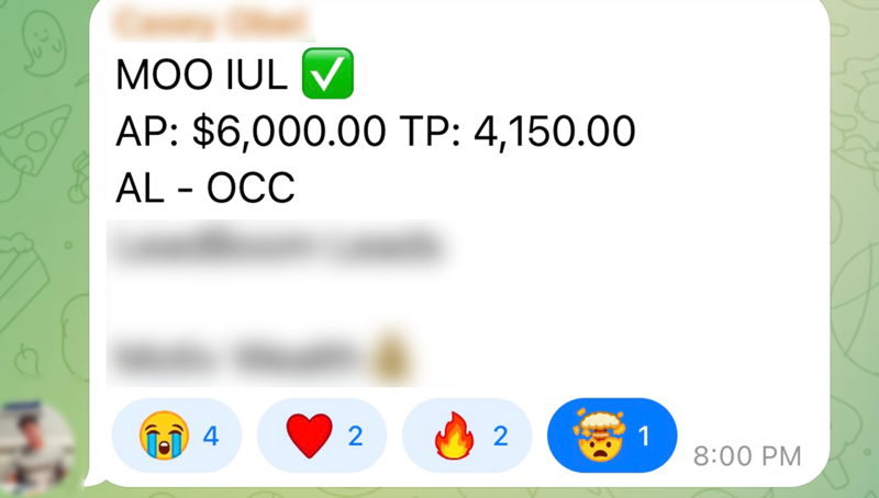 IUL sale confirmation — $6,000 AP / $4,150 TP