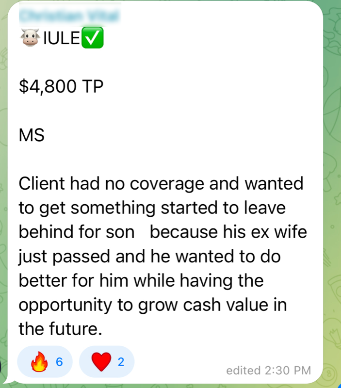 IULE sale confirmation — $4,800 TP single-premium case