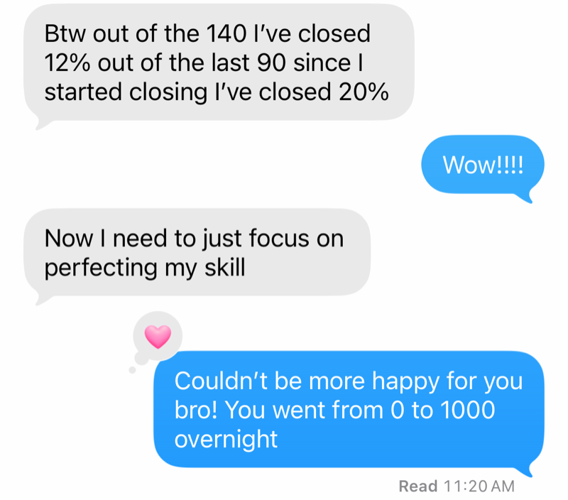 Agent text message — 'I've closed 20% since I started closing' up from 12%